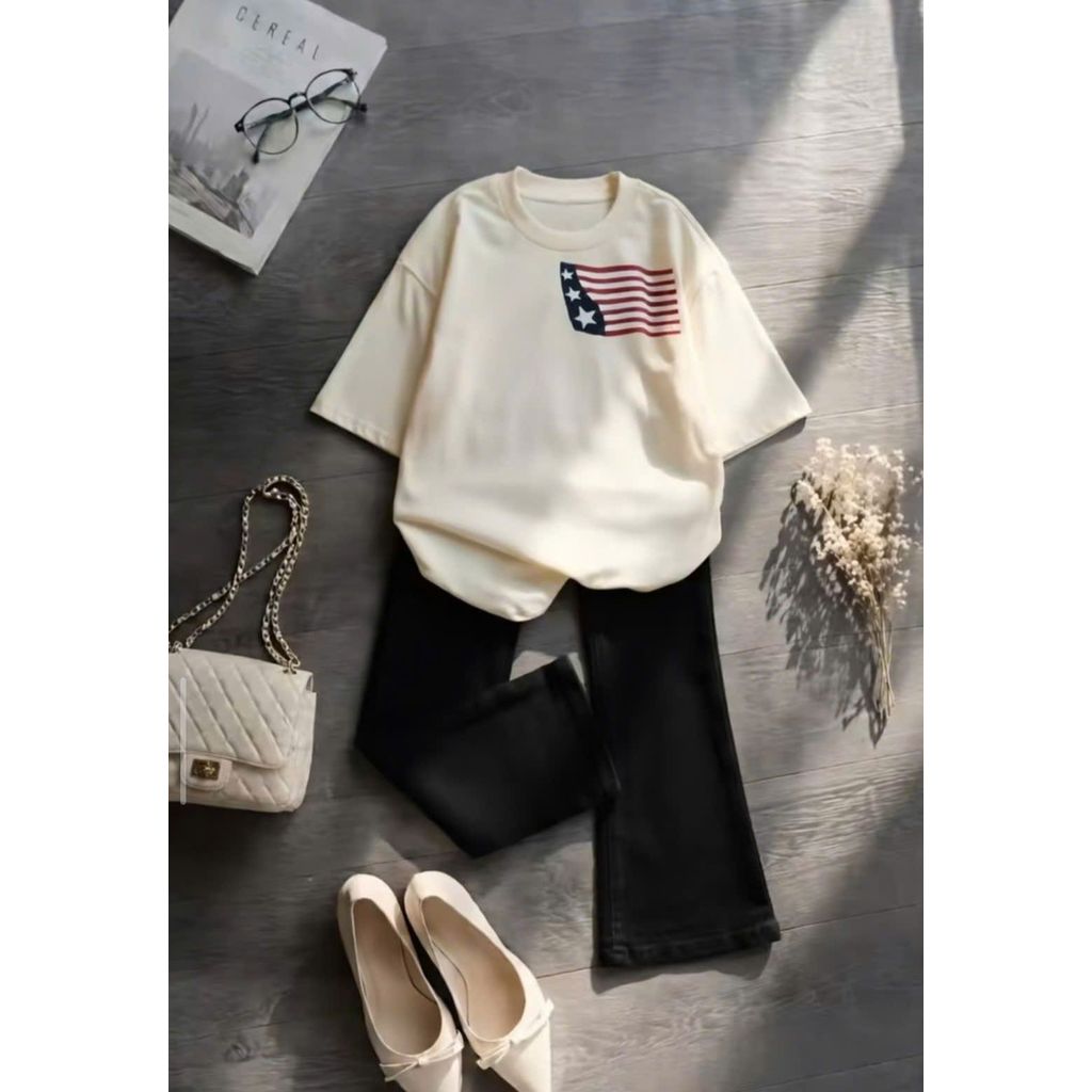 [ MỞ BÁN  ] Bộ quần ống loe dài + và áo phông unisex lá cờ mỹ phongn cách ullzang -thoitrang