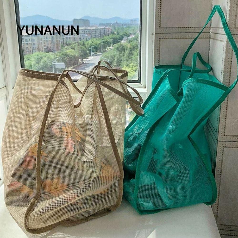 Túi đeo vai lưới YUNAUN, Túi xách nhẹ dung tích lớn, Túi lưới đi biển trong suốt phong cách INS