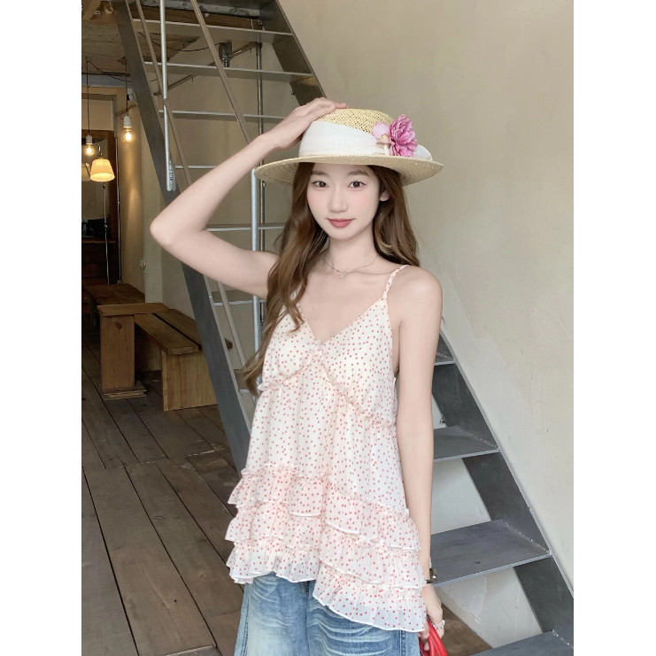 SUXI Áo sơ mi yếm xù chấm bi nhẹ nhàng phong cách mới mùa hè dành cho nữ 260507