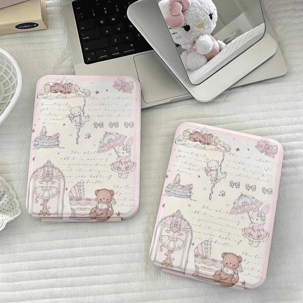 Gương gấp thỏ và bánh ngọt nền hồng vintage dễ thương