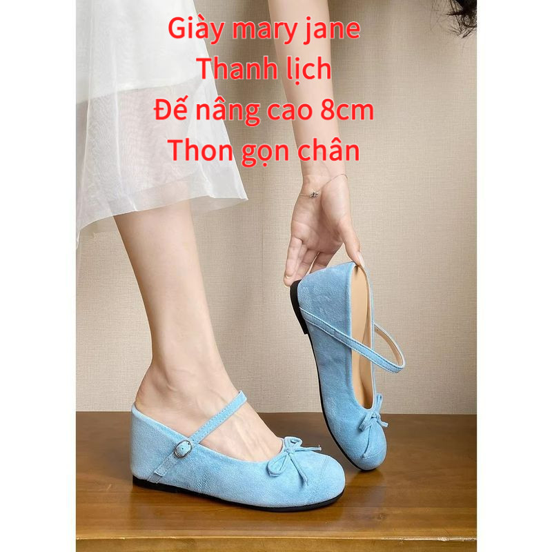 Giày mary jane Phong cách Pháp Thanh lịch Dễ phối đồ Đế nâng cao 8cm Thon gọn chân Giày đế xuồng
