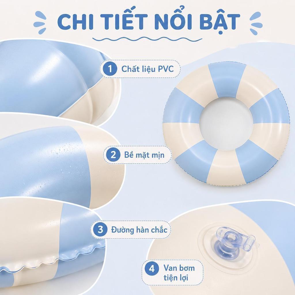 Phao Bơi Tròn PVC An Toàn Cho Mọi Lứa Tuổi, Đa Dạng Kích Thước 60-90cm, Màu Cầu Vồng, Dưa Hấu, Donut Hồng, Sọc Xanh, Sọc