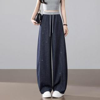 Quần jean nữ dáng rộng xuân hè, sequin cạp cao, ôm body