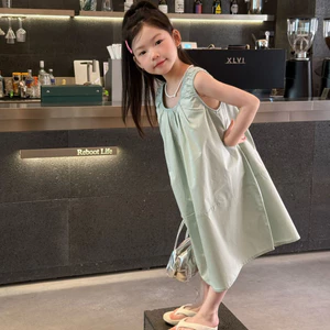 Mùa hè 2026 Phong cách mới cho bé gái Váy Cotton dài vừa phải Váy thiết kế không tay