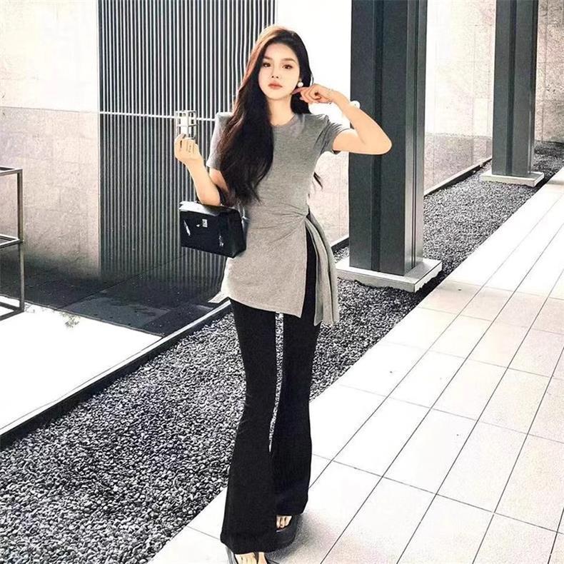 Milyfashion Gợi Cảm Tinh Khiết Desire Cao Khe Ren Áo Thun Ngắn Tay Nữ Mùa Hè Phong Cách Mới Không Đều Nghẹt Eo Ôm Hơn Nhìn Trang Trọng S