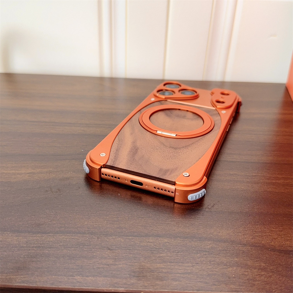 Vỏ điện thoại nhôm kim loại bằng gỗ óc chó cho iPhone 17 16 15 14 Pro 17 Pro Max Giá đỡ từ tính Vỏ bảo vệ chống rơi chống sốc
