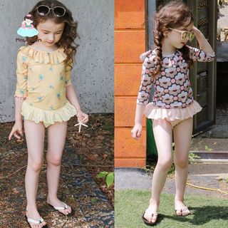 Đồ bơi bé gái tay dài chống nắng - Set rời bèo cổ tròn co giãn nhanh khô đi biển