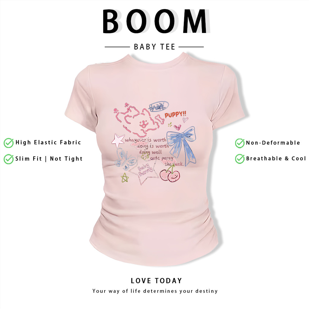 BOOM Áo Baby Tee Nữ Cotton Ôm Body-Áo Thun Ngắn Tay Y2K In Hình PhongCách Mùa Hè, Cổ Tròn Hàng Đầucách hàn quốc phongR38