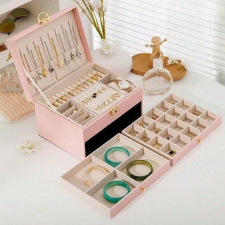 Hộp Trang Sức 3 Tầng Nhung Lót Có Thể Khóa PU Ngăn Kéo Tổ Chức Lưu Trữ Du Lịch