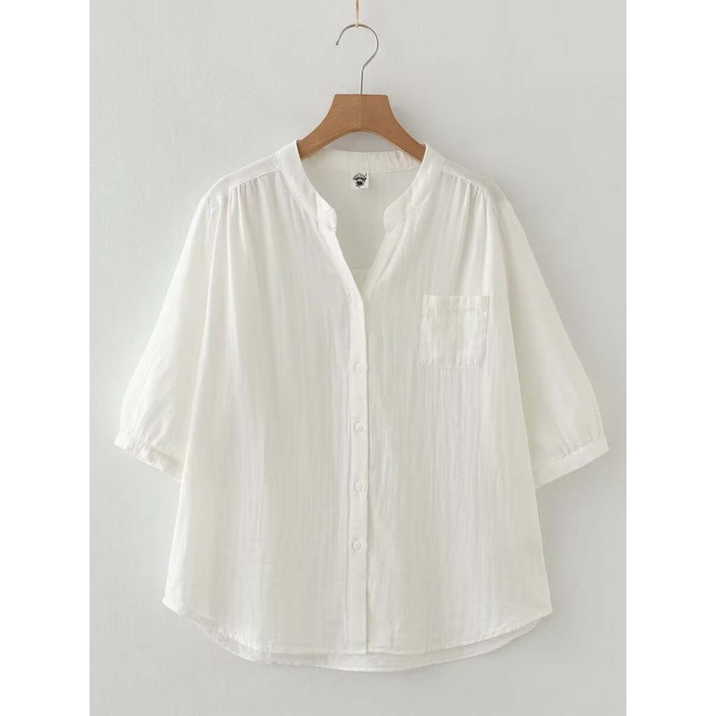 [Sẵn Sàng] Áo Sơ Mi Nữ 100% Sợi Cotton Cao Cấp Văn Học Cổ Chữ V Màu Trơn Cotton Mềm Thoáng Khí Áo Sơ Mi Cotton Cho Bé