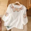 Áo thun Cotton thêu ba phần tư tay áo nữ cổ điển dáng rộng nghệ thuật thêu áo thun