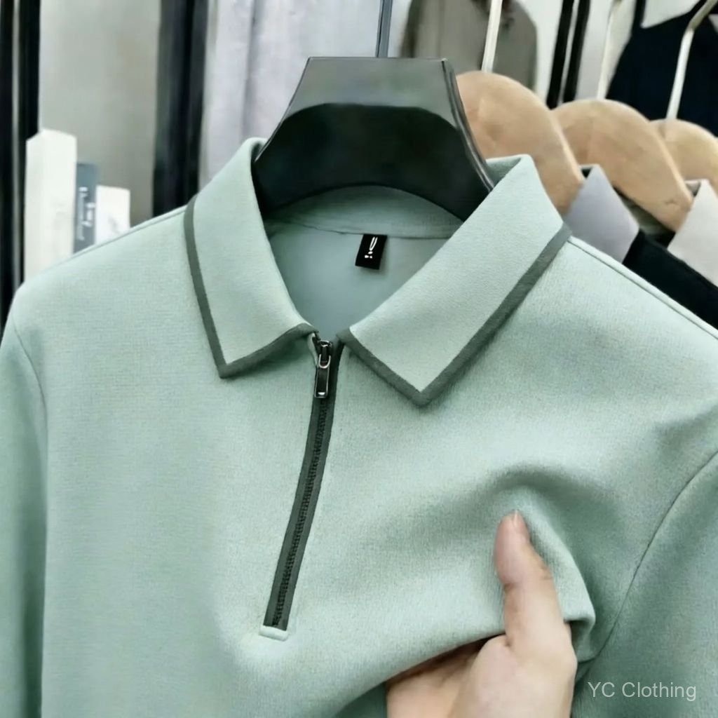 Vải dệt kim bánh quế mới dành cho nam ngắn tay màu trơn cổ rẽ xuống thời trang áo thun nửa tay nam áo polo nửa-zip CGOI
