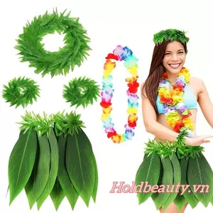 Váy cỏ Hawaii và Bộ Lei Phụ kiện trang phục màu xanh lá cây cho ngày lễ đi biển dự tiệc và hơn thế nữa