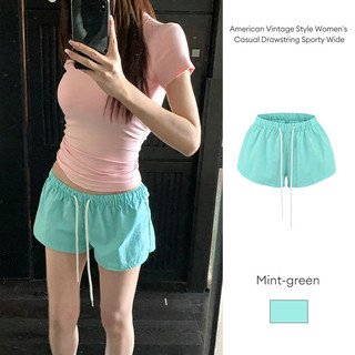 Quần short nữ kiểu vintage Mỹ, dáng rộng, có dây rút, thích hợp cho mùa hè, kiểu thể thao, cạp chun.