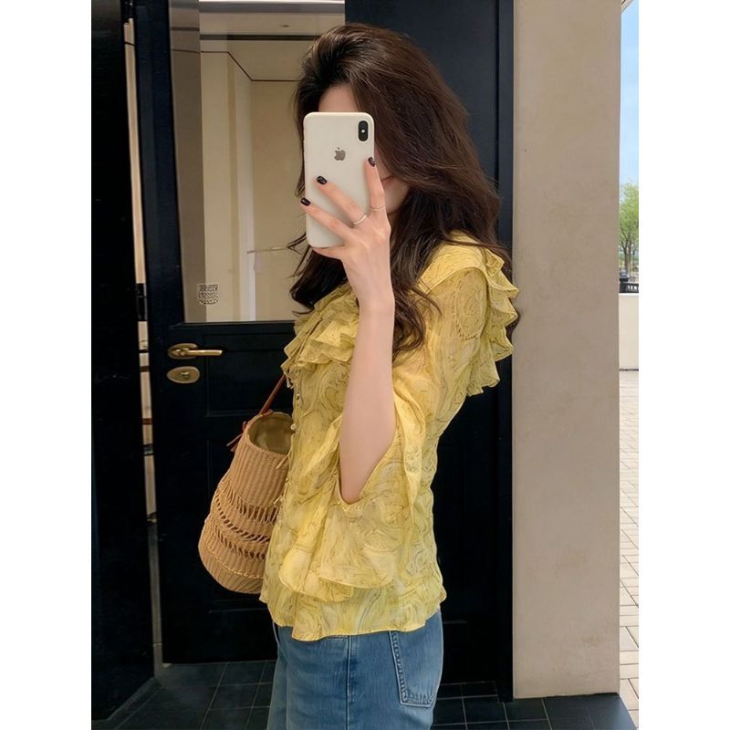 [Hàng mới về] Áo sơ mi voan khâu cổ chữ V kiểu Pháp dành cho nữ Mùa hè 2026 Phong cách mới Slim-fit Slimmer Look Beautiful Holiday Top