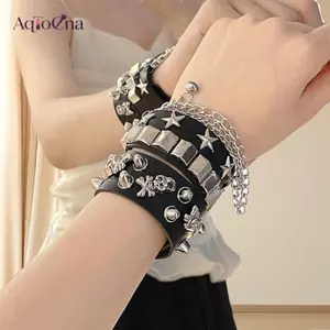 AqToCna Punk Gothic Đầu Lâu Vòng Tay Dây Xích Kim Loại Đinh Tán Da PU Dây Đeo Tay Vòng Tay Vòng Tay Rộng Vòng Tay Nam Nữ Trang Sức AqToCna
