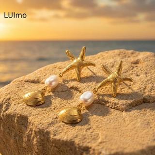 LUImo Nữ Boho Ngọc Trai Thả Bông Tai Sao Biển Thiết Kế Vintage Vàng Trang Sức Cho Đi Biển Kỳ Nghỉ Trang Phục SBS