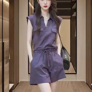 Bộ đồ muối phong cách mát mẻ Phong cách mới Quần short áo sơ mi màu tím mùa hè Bộ đồ hai mảnh nhẹ Thời trang sang trọng Phong cách Trung Quốc mới
