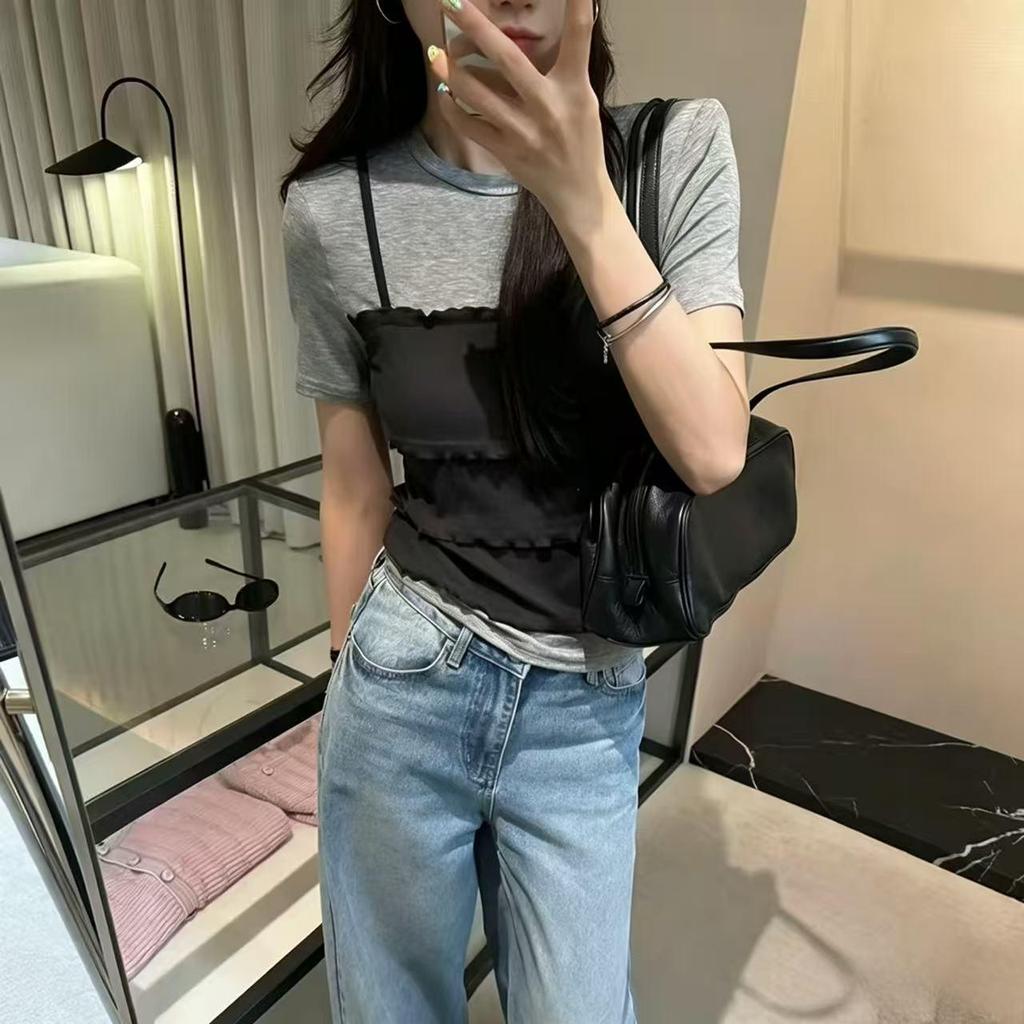 [Khuyến mãi trong thời gian có hạn] Thiết kế phiên bản Hàn Quốc Ôm hơn Áo thun ngắn tay giả hai mảnh thời trang-