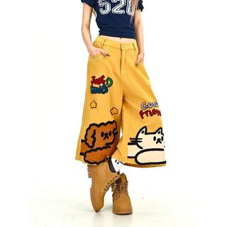 DICHUANGZHE Nam Nữ Đường Phố Cao Cấp Hoạt Hình Mèo Và Chó In Chân Thẳng Quần Cắt denim