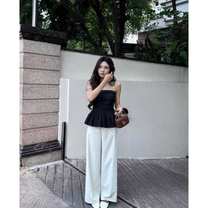 Set áo đen cúp ngang dáng peplum xoè thun sau + quần suông trắng ống rộng MyaHouse