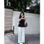 Set áo đen cúp ngang dáng peplum xoè thun sau + quần suông trắng ống rộng MyaHouse