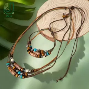 2 Cái / bộ Nhiều Lớp Vintage Hạt Gỗ Mặt Dây Chuyền Da Đính Hạt Dệt Cầu Nguyện Nelace & Vòng Tay Trang Sức Thời Trang Quà Tặng