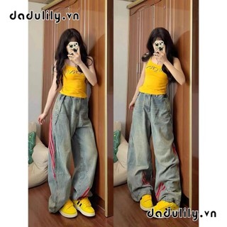DADULILY Quần jean ghép mảnh phong cách Mỹ, ống thẳng, dáng rộng, kiểu trang phục lao động ống rộng