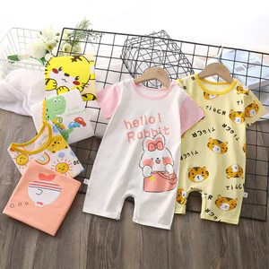 Áo liền quần trẻ em mùa hè Bộ áo liền quần mỏng ngắn tay Cotton nguyên chất 59-90 Size OJSG