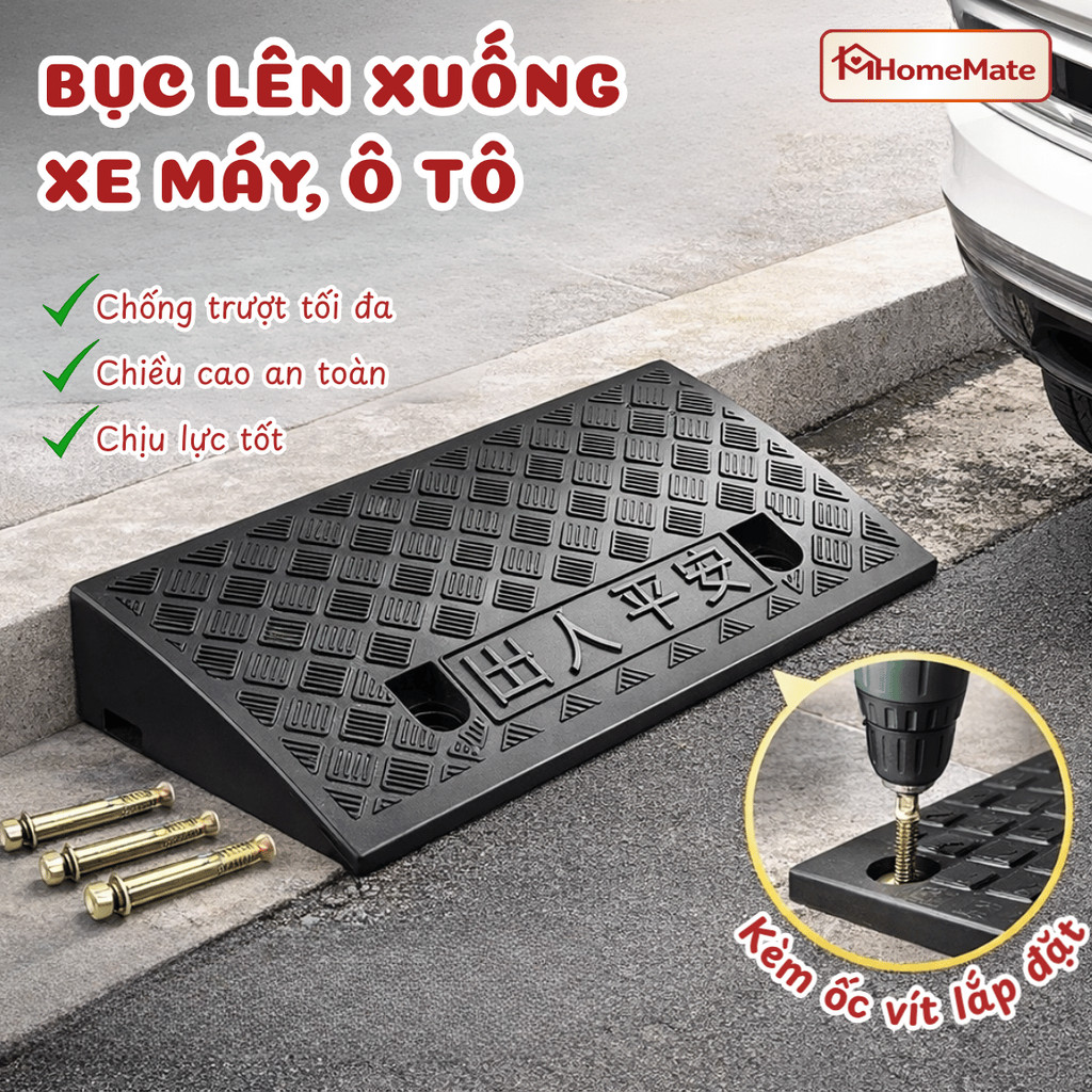 Dốc bục lên xuống xe máy, xe hơi hình tam giác chất liệu nhựa PVC bền bỉ kèm ốc vít cố định