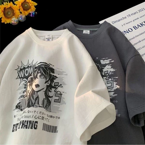 （24H SHIP）Áo thun phong cách đường phố - Dáng rộng, tay ngắn - In hình anime - 100% cotton - Mềm mại và thoáng khí -D406