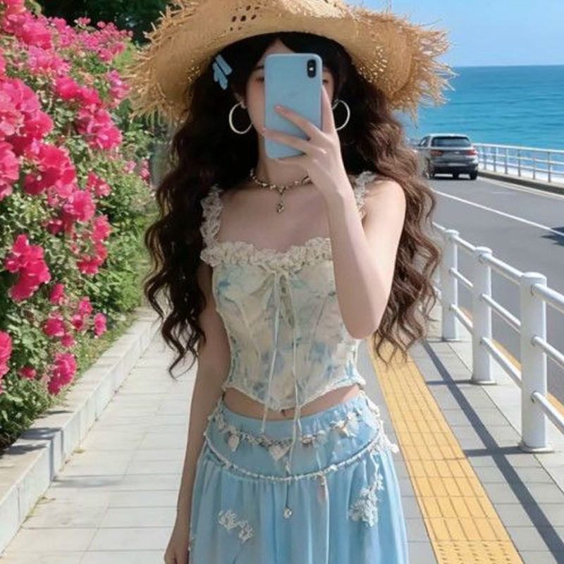 Váy Hoa Áo Vest Ren a.t.a Chiều Dài Eo Cao Màu Xanh Sling Ren
