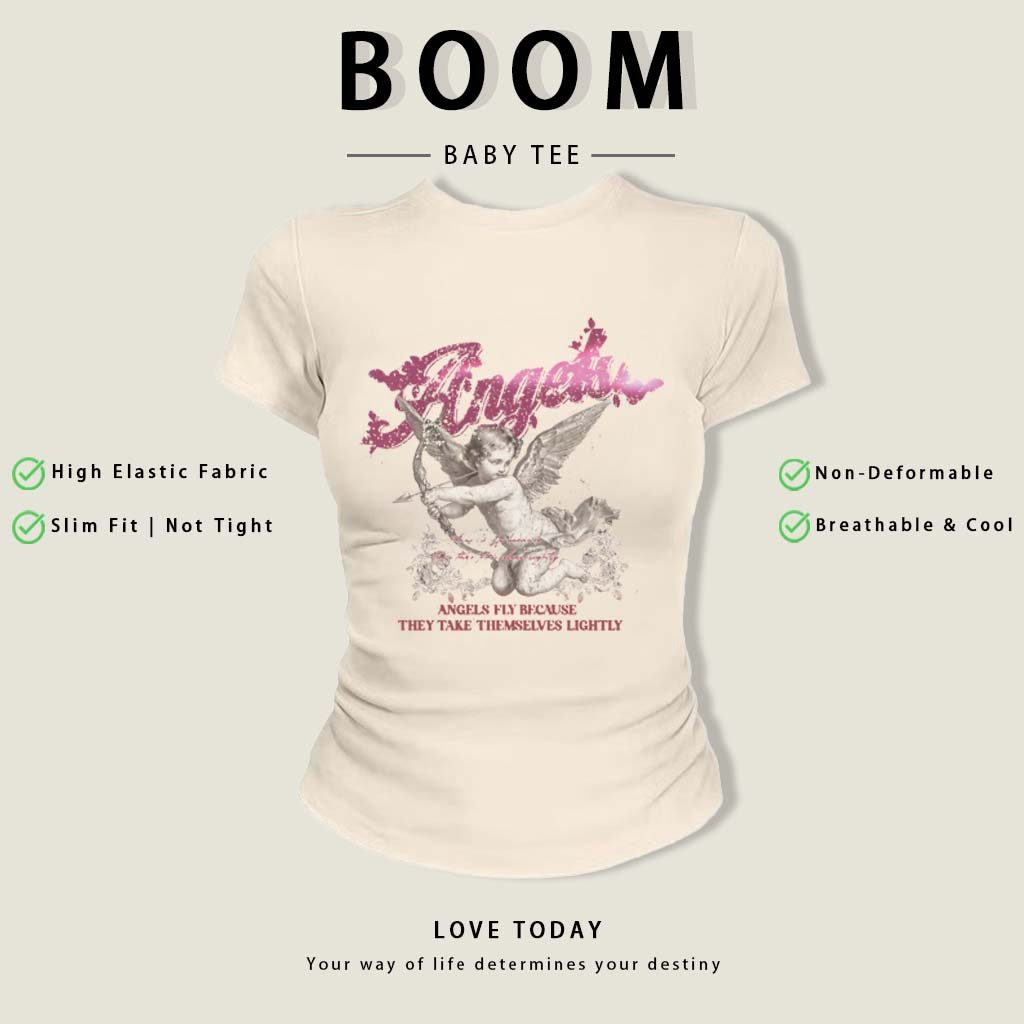 BOOM Áo Baby Tee Nữ Cotton Ôm Body-Áo Thun Ngắn Tay Y2K In Hình PhongCách Mùa Hè, Cổ Tròn Hàng Đầucách hàn quốc phongR02