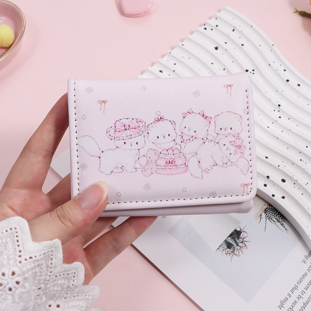 Ví Ngắn SAVORBOX, Ví Đựng Tiền Xu Đa Năng Có Thể Gập Lại, Da PU Màu Hồng Thời Trang Kawaii Mèo In Thẻ Tín Dụng Nữ Cô Gái Du Lịch