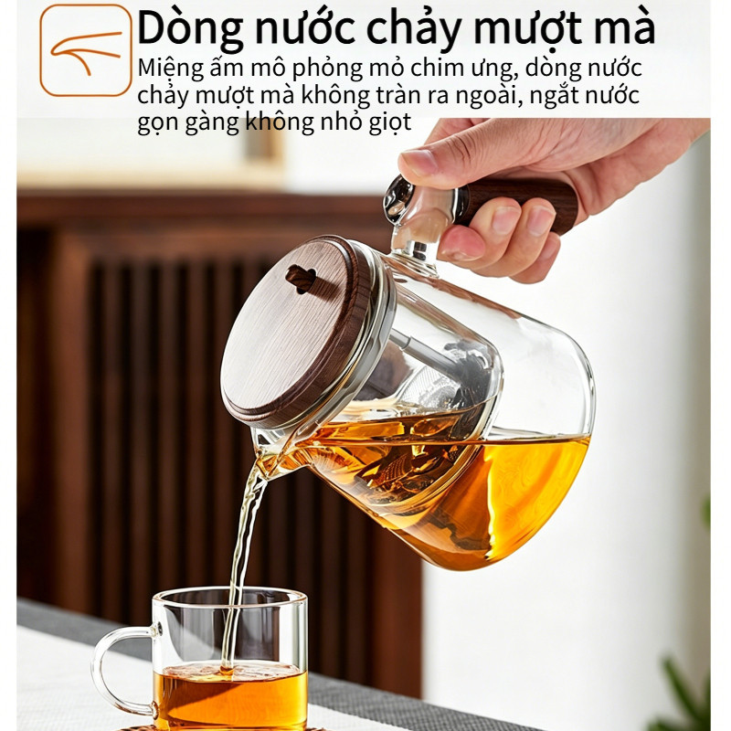 Ấm Trà Thủy Tinh Có Nút Ấn – Tách Nước & Bã Trà, Lọc Inox, Chịu Nhiệt, Pha Trà Gia Dụng Tiện Lợi, Đẹp & Dễ Dùng