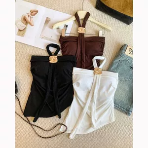 Milyfashion Ống Top Kim Loại Khóa Phong Cách Retro, Viền Dây Cổ Không Đều, Sang Trọng Cho Hot Girl