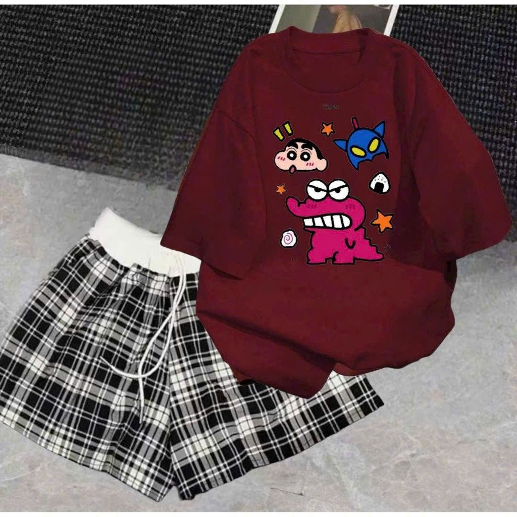 sét bộ quần đùi cộc Caro cạp trắng+mix áo phông form rộng in khủng long-SHOP THỜI TRANG THU BIO