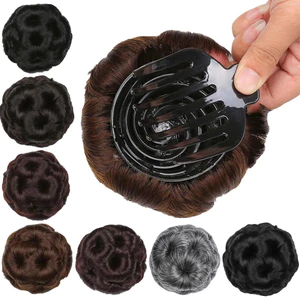 Mái tóc giả tổng hợp Việt Nam, dây co giãn, kiểu sóng cho cô dâu với búi tóc bánh donut và kèm kẹp tóc.
