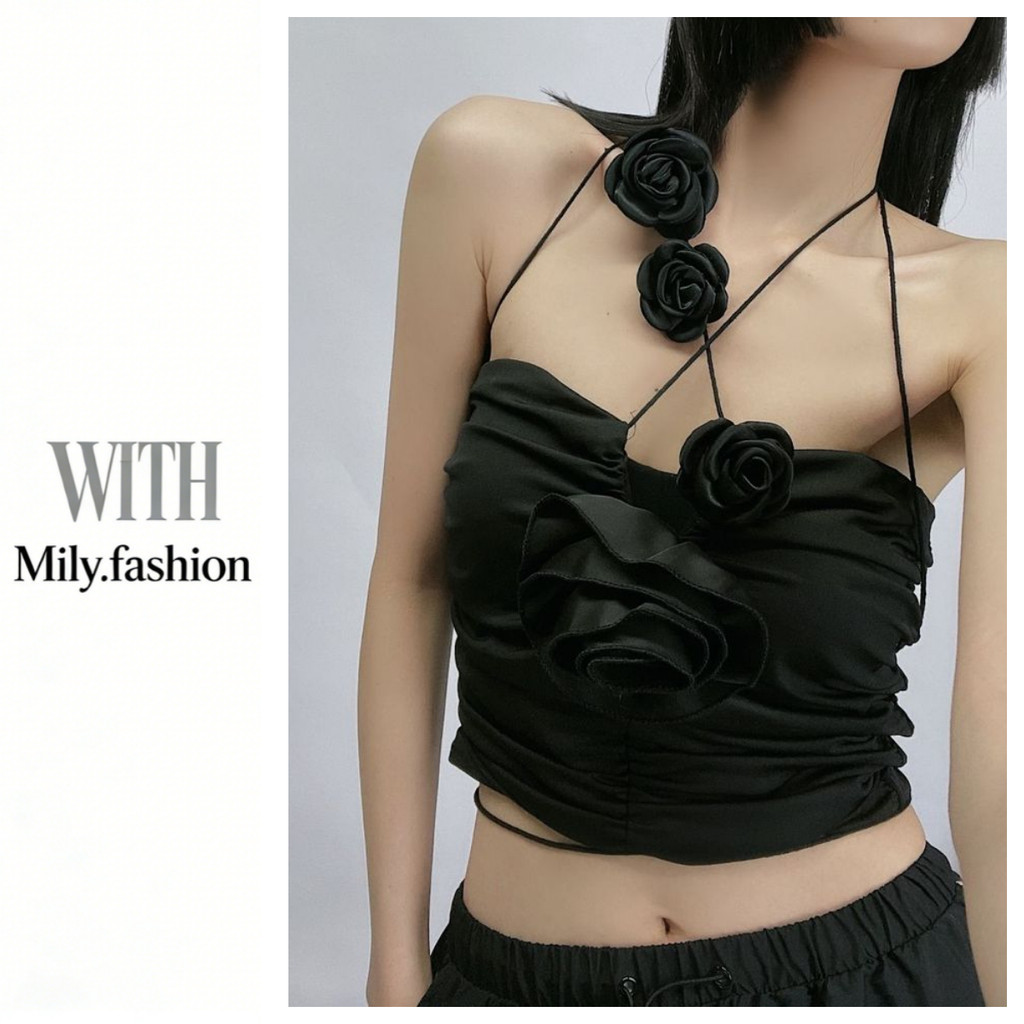 **Milyfashion Áo thun dây cổ dáng ngắn nữ, đính hoa hồng 3D, phong cách gợi cảm đen tuyền, kiểu quấn cổ độc đáo