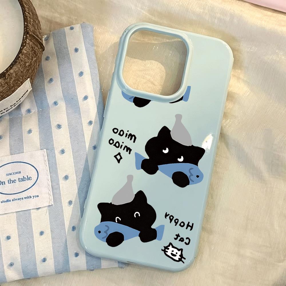 Mèo đen ăn cá cho trường hợp iPhone 17pro iPhone 16/15/14/13 kết cấu giả da