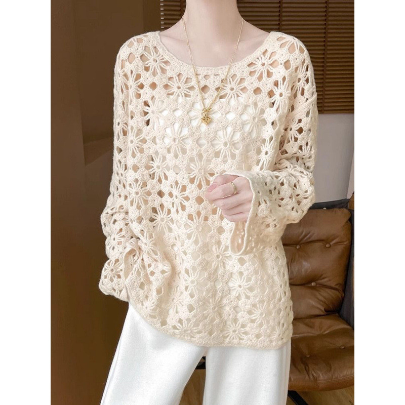 Mới Phong Cách Trung Hoa Móc Cutout Dệt Kim Nữ Phong Cách Lười Đi Làm Áo