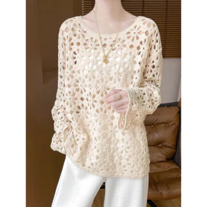 Mới Phong Cách Trung Hoa Móc Cutout Dệt Kim Nữ Phong Cách Lười Đi Làm Áo