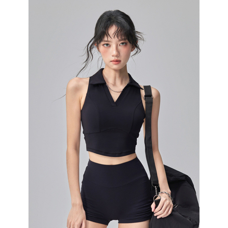 Phong Cách Mới Một Mảnh Áo Vest Thể Thao Có Miếng Lót Ngực Nữ Ve Áo Không Tay Tập Yoga Chạy polo Thể Dục Top Mùa Hè