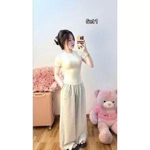 Sét bộ quần suông Da cá xám Tiêu trơn + phối áo CROPTOP trơn trắng-chang