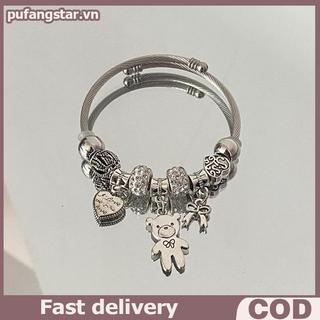 Pufangstar Cổ Đính Hạt Charm Vòng Tay Gấu Mặt Dây Chuyền Trái Tim Tình Yêu Có Thể Điều Chỉnh Vòng Tay Lắc Tay Nữ DIY Trang Sức Quà Tặng VN
