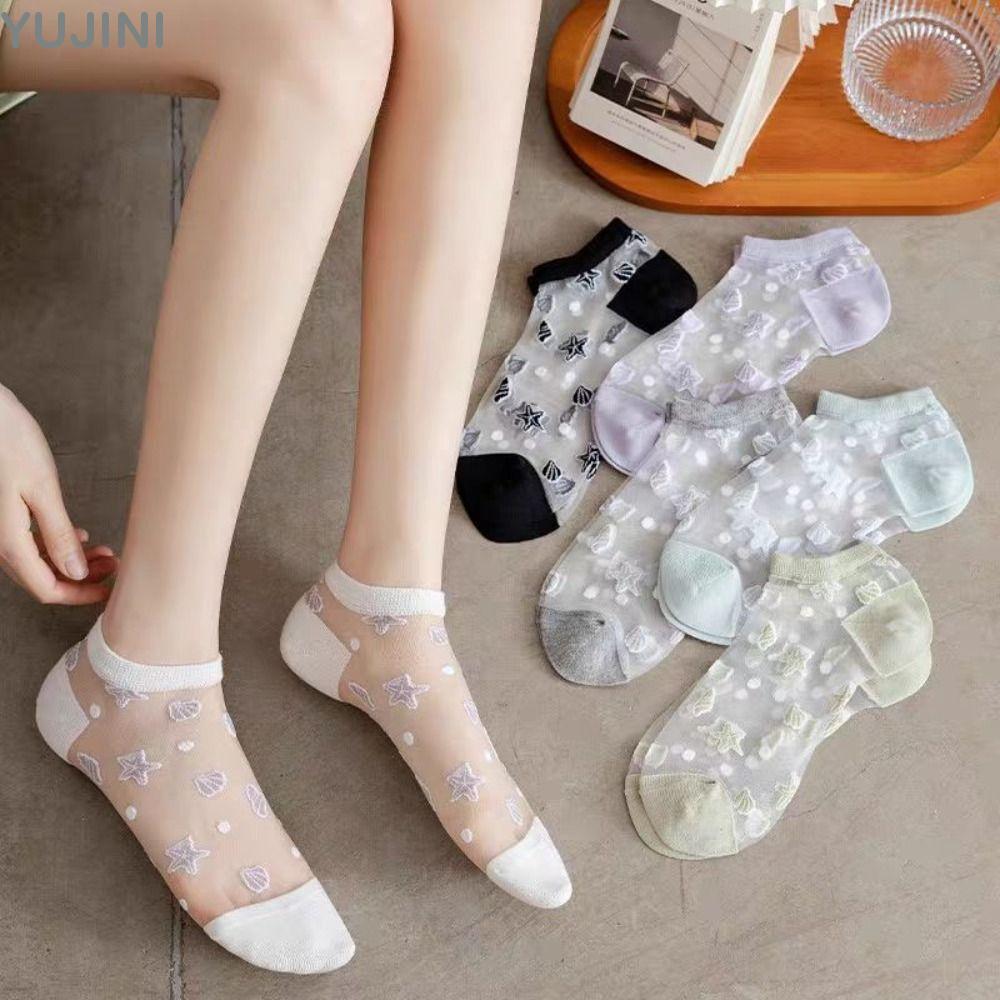 Tất Lastic YUJUNI, Tất lụa thủy tinh pha lê ren lụa, Tất ngắn trong suốt thoáng khí