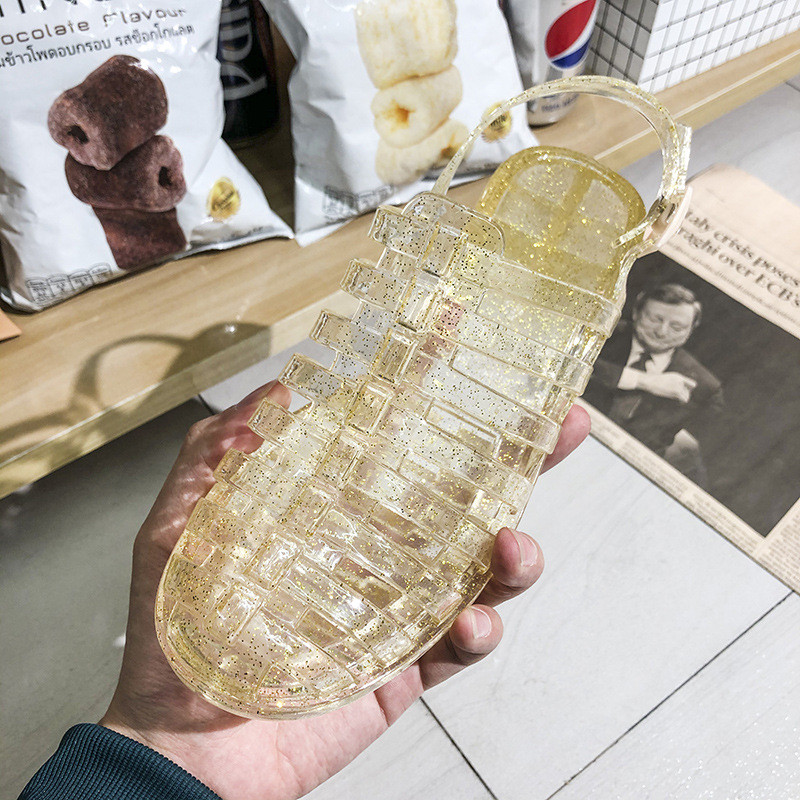 Hàn Quốc Hàn Quốc Thạch Giày Sandal Nữ Sinh Mùa Hè Trong Suốt Pha Lê Nhựa Trung Bình Gót Cao La Mã Chống Trơn Trượt Baotou Đi Biển Lỗ EXG5