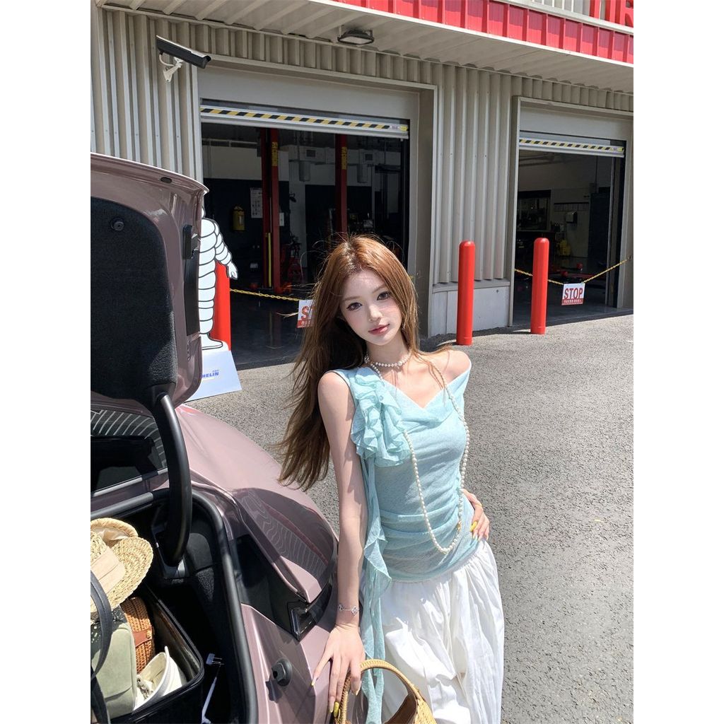 Milyfashion Pure Desire Xoay Cổ Streamer Không Tay Thiết Kế Mùa Hè Cảm Thấy Móc Áo Sơ Mi Nhỏ Hơi Trong Suốt Gạc Sang Trọng Ngắn Top