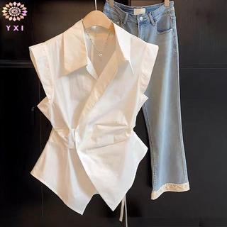 Y.X.I Pháp Tính Khí Ve Áo Áo Sơ Mi Không Tay Sang Trọng Không Đều Eo cinching Top Dành Cho Nữ Mới