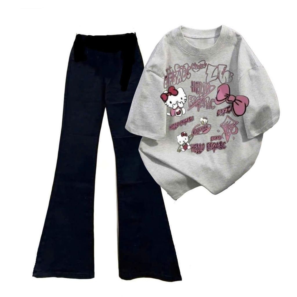[ MỞ BÁN GIẢM 60% ] Bộ quần ống loe dài + và áo phông unisex hình mèo CUTEE -thoitrangthubio